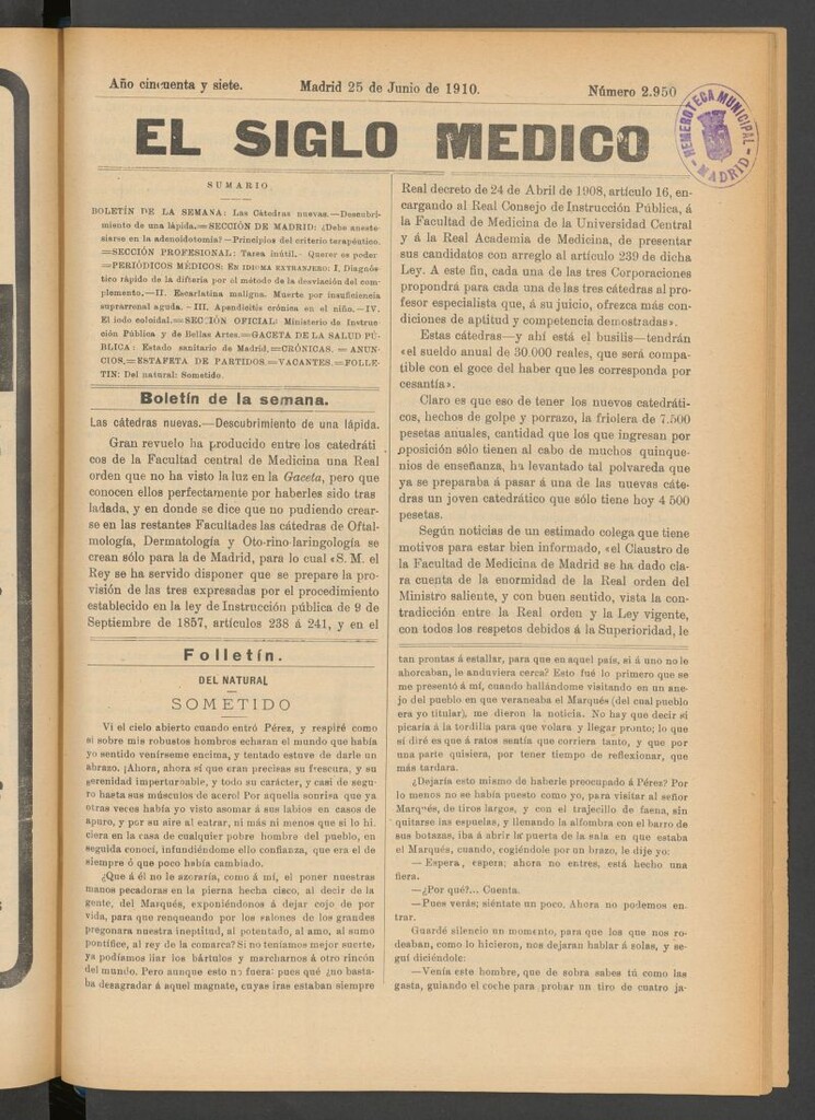 Miniatura de El Siglo Médico : boletín de medicina y gaceta médica del 25 de junio de 1910