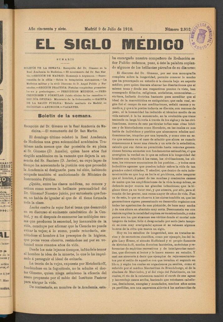 Miniatura de El Siglo Médico : boletín de medicina y gaceta médica del 9 de julio de 1910
