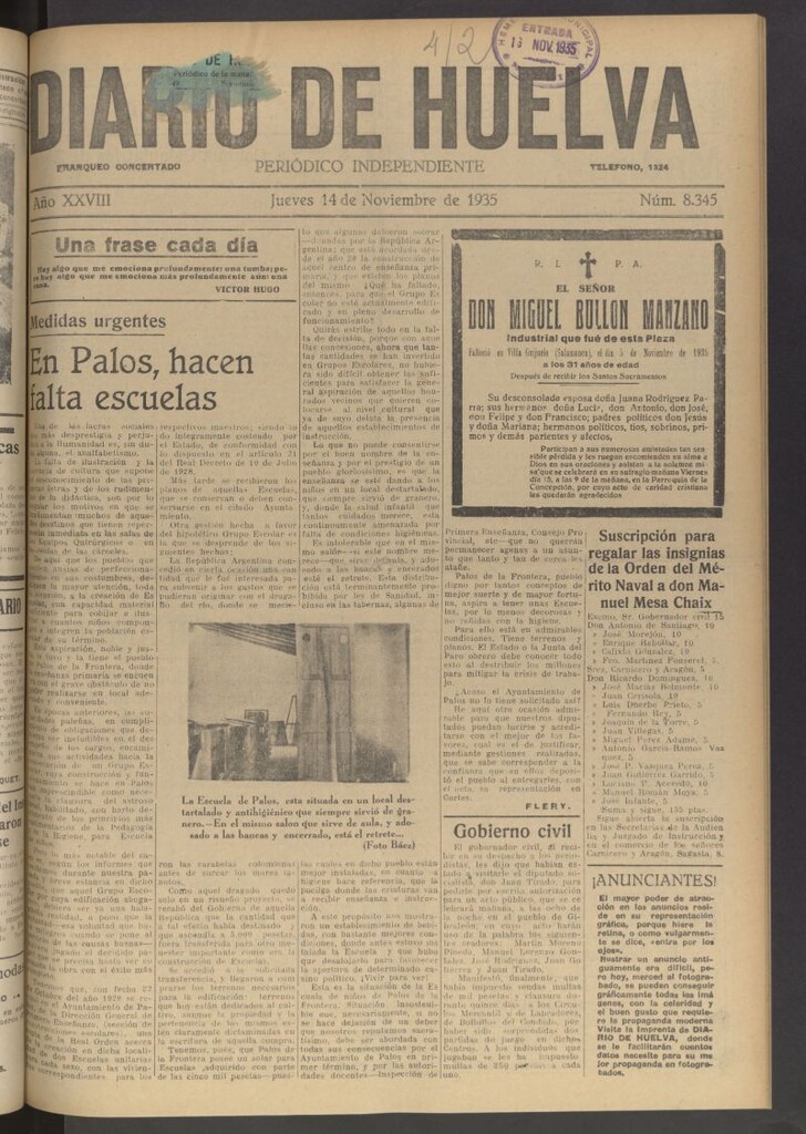 Miniatura de Diario de Huelva : periódico independiente del 14 de noviembre de 1935