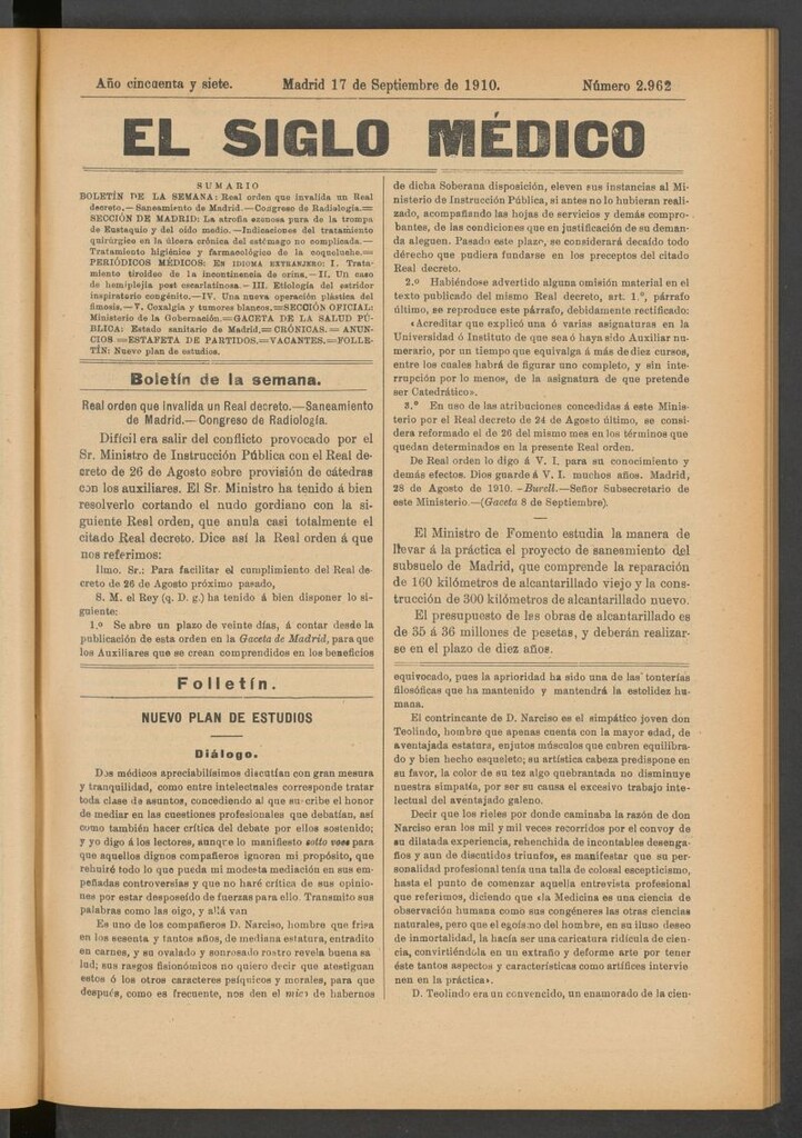 Miniatura de El Siglo Médico : boletín de medicina y gaceta médica del 17 de septiembre de 1910