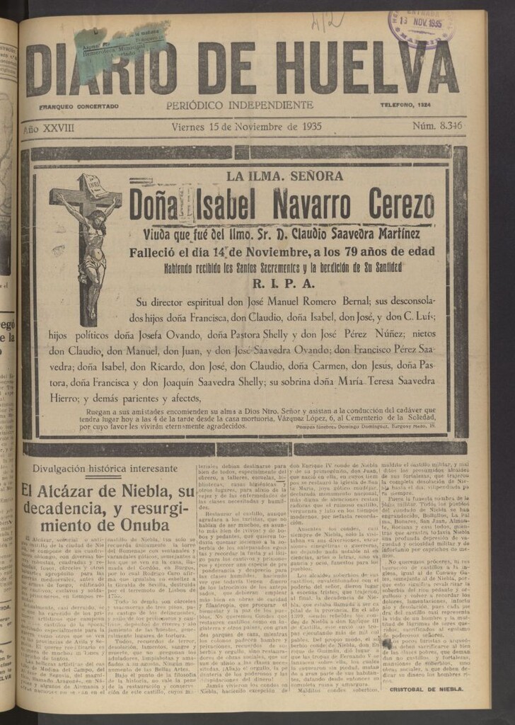 Miniatura de Diario de Huelva : periódico independiente del 15 de noviembre de 1935