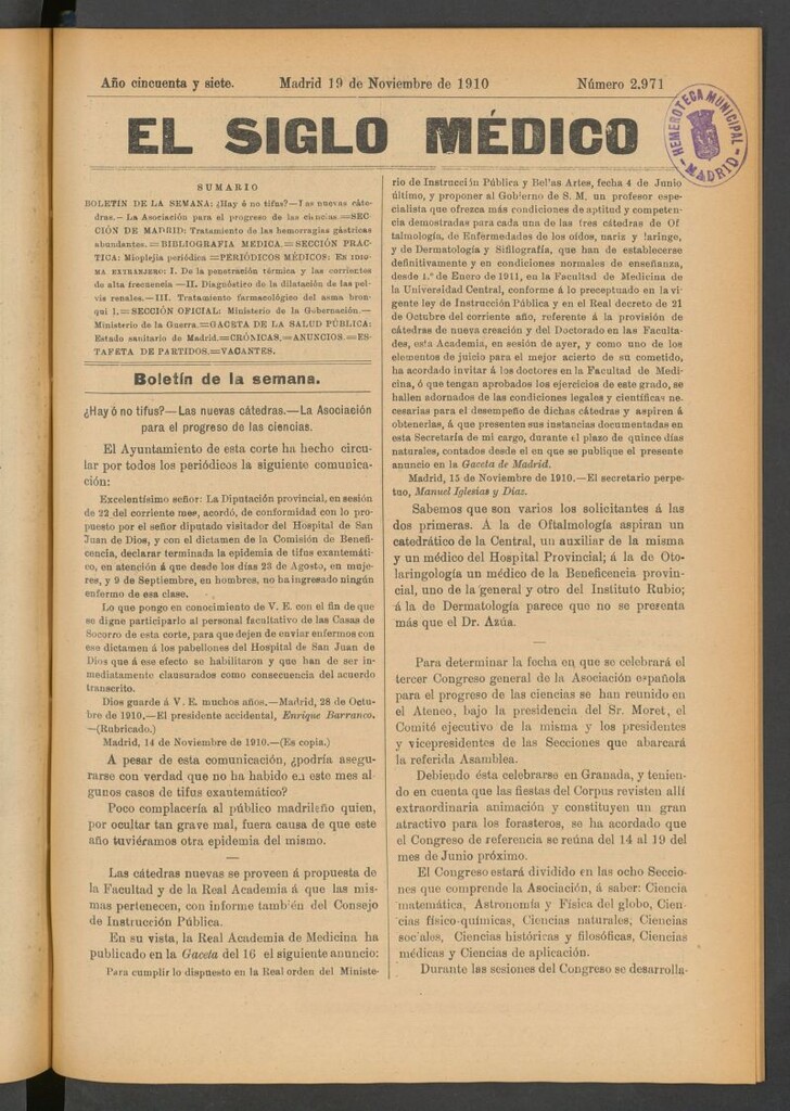 Miniatura de El Siglo Médico : boletín de medicina y gaceta médica del 19 de noviembre de 1910