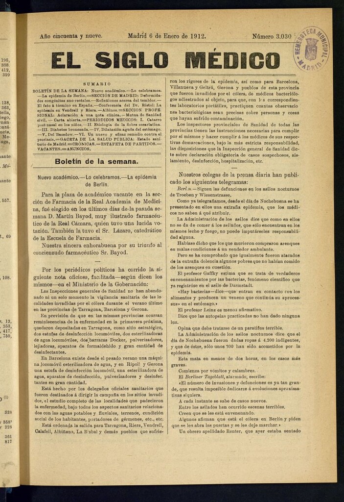 Miniatura de El Siglo Médico : boletín de medicina y gaceta médica del 6 de enero de 1912