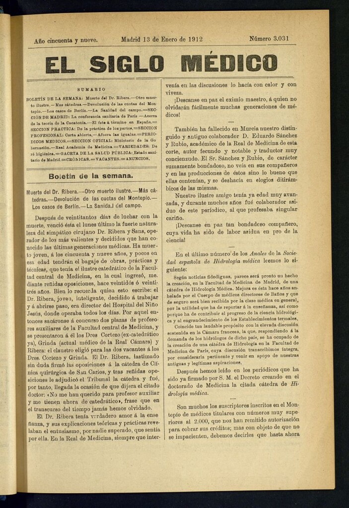 Miniatura de El Siglo Médico : boletín de medicina y gaceta médica del 13 de enero de 1912