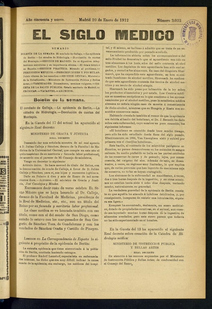 Miniatura de El Siglo Médico : boletín de medicina y gaceta médica del 20 de enero de 1912