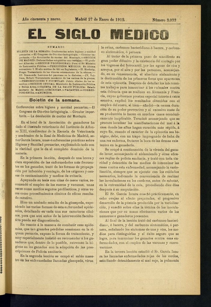 Miniatura de El Siglo Médico : boletín de medicina y gaceta médica del 27 de enero de 1912