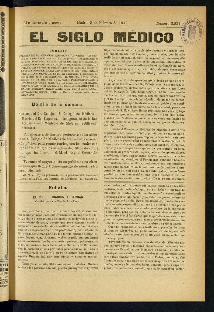 Miniatura de El Siglo Médico : boletín de medicina y gaceta médica del 3 de febrero de 1912
