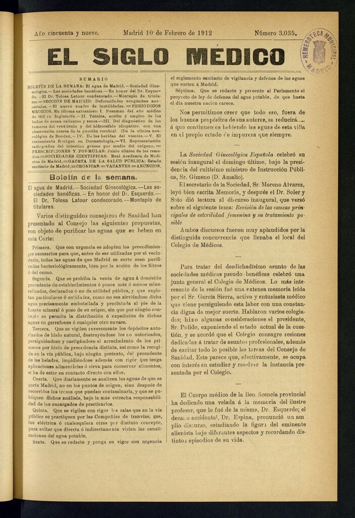 Miniatura de El Siglo Médico : boletín de medicina y gaceta médica del 10 de febrero de 1912