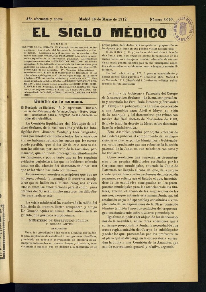 Miniatura de El Siglo Médico : boletín de medicina y gaceta médica del 16 de marzo de 1912