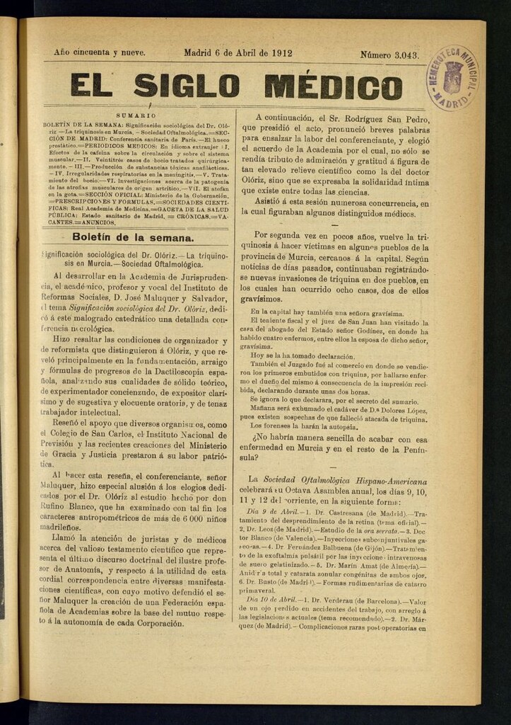 Miniatura de El Siglo Médico : boletín de medicina y gaceta médica del 6 de abril de 1912