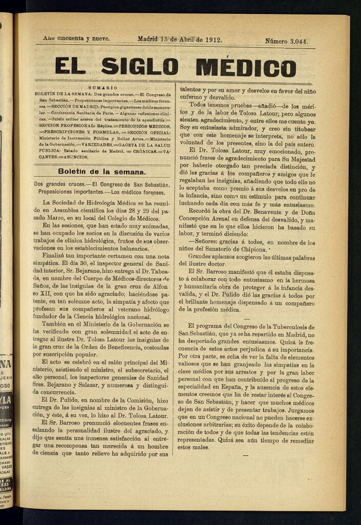 Miniatura de El Siglo Médico : boletín de medicina y gaceta médica del 13 de abril de 1912