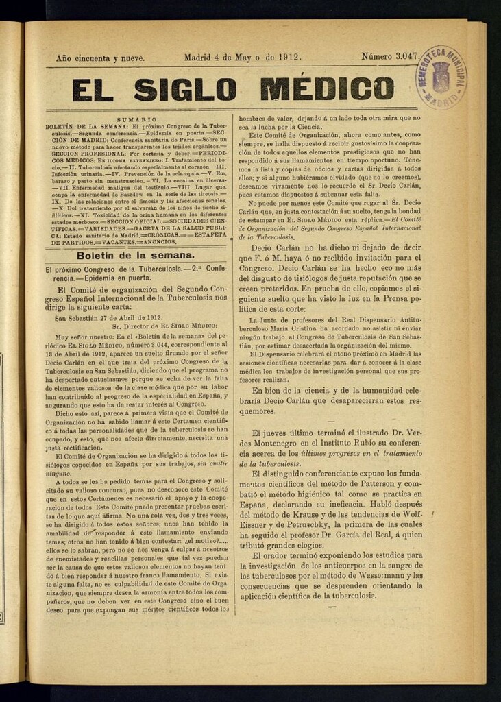 Miniatura de El Siglo Médico : boletín de medicina y gaceta médica del 4 de mayo de 1912