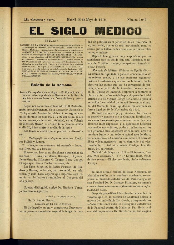 Miniatura de El Siglo Médico : boletín de medicina y gaceta médica del 18 de mayo de 1912