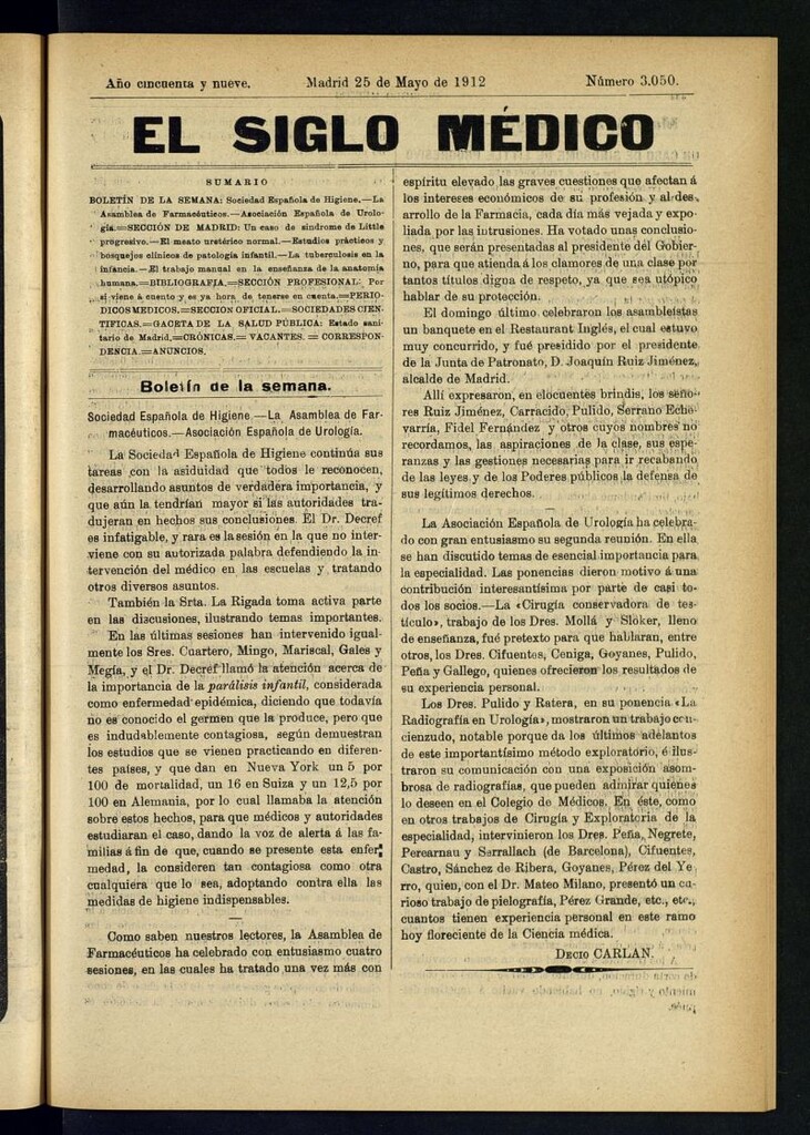 Miniatura de El Siglo Médico : boletín de medicina y gaceta médica del 25 de mayo de 1912