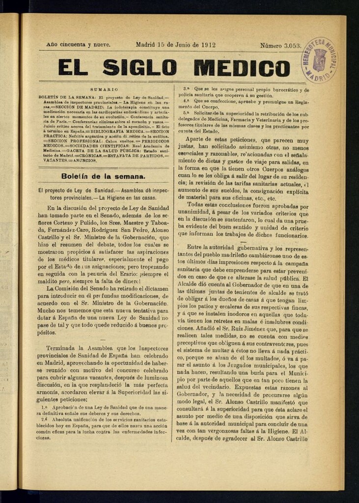 Miniatura de El Siglo Médico : boletín de medicina y gaceta médica del 15 de junio de 1912