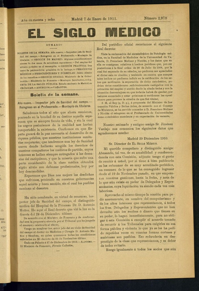 Miniatura de El Siglo Médico : boletín de medicina y gaceta médica del 7 de enero de 1911