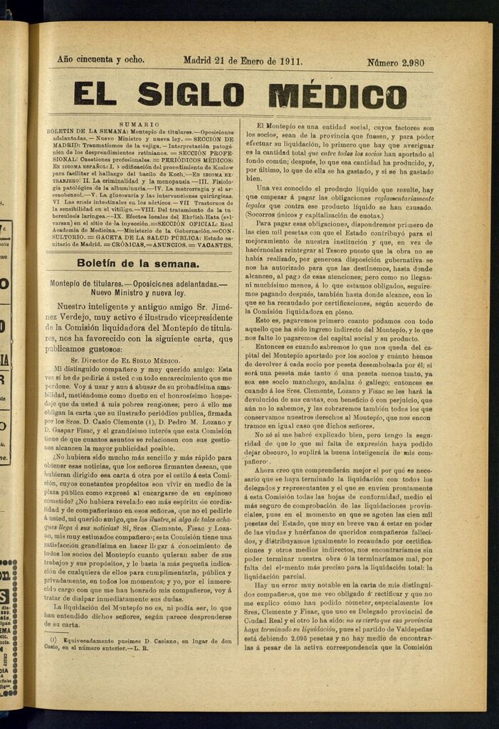 Miniatura de El Siglo Médico : boletín de medicina y gaceta médica del 21 de enero de 1911