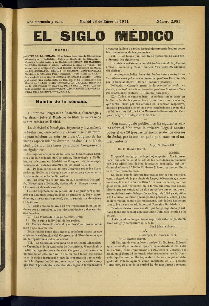 Miniatura de El Siglo Médico : boletín de medicina y gaceta médica del 28 de enero de 1911