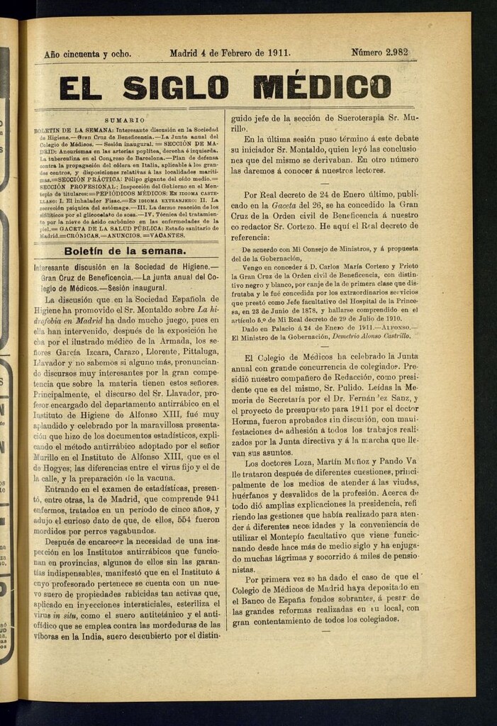 Miniatura de El Siglo Médico : boletín de medicina y gaceta médica del 4 de febrero de 1911