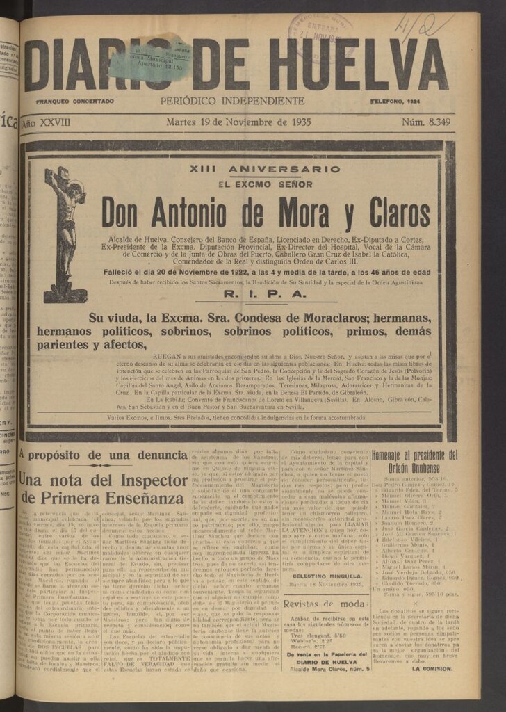 Miniatura de Diario de Huelva : periódico independiente del 19 de noviembre de 1935