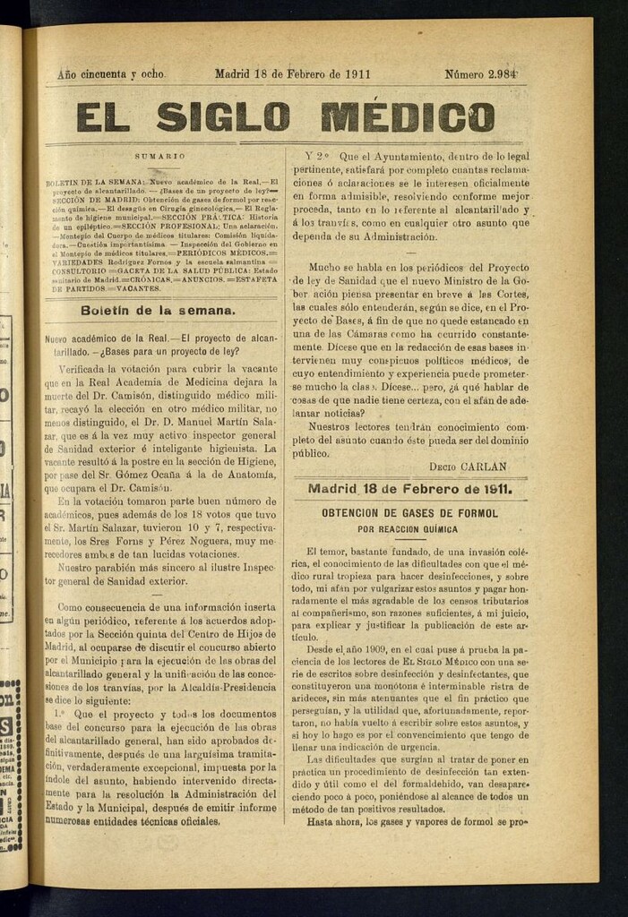 Miniatura de El Siglo Médico : boletín de medicina y gaceta médica del 18 de febrero de 1911
