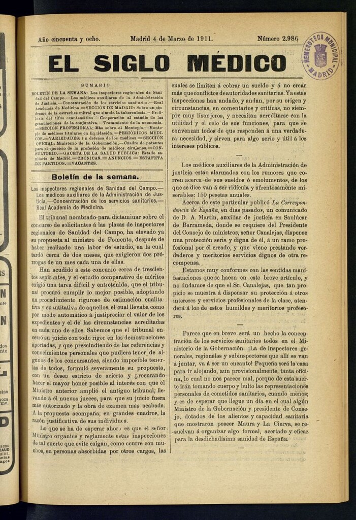 Miniatura de El Siglo Médico : boletín de medicina y gaceta médica del 4 de marzo de 1911