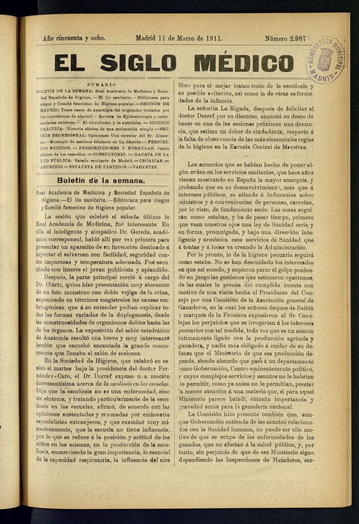 Miniatura de El Siglo Médico : boletín de medicina y gaceta médica del 11 de marzo de 1911