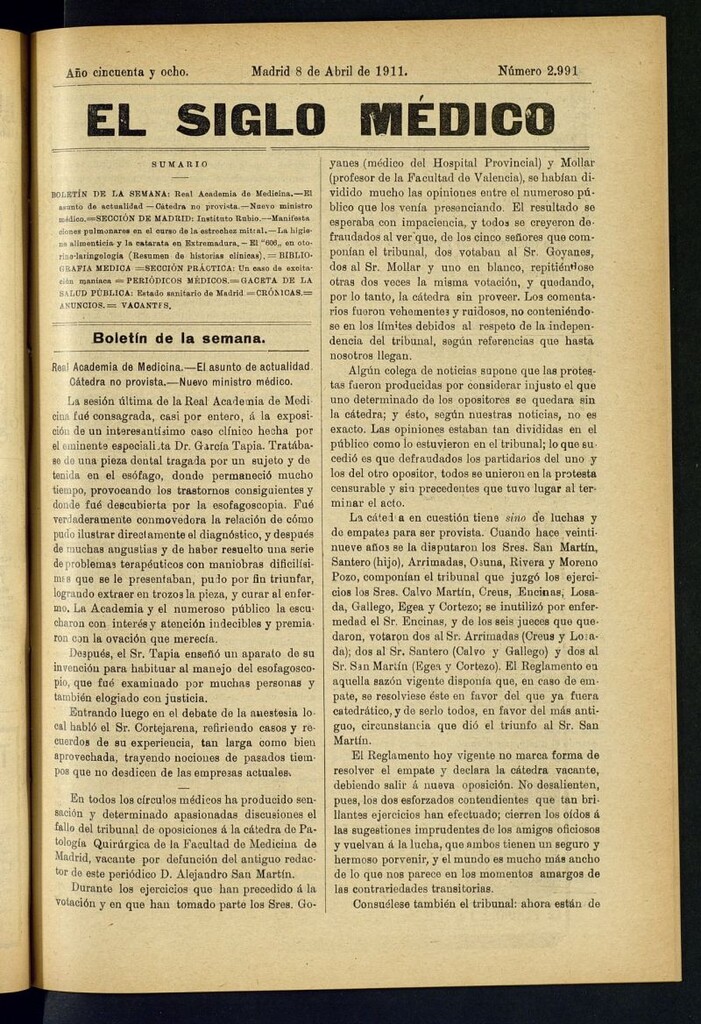 Miniatura de El Siglo Médico : boletín de medicina y gaceta médica del 8 de abril de 1911