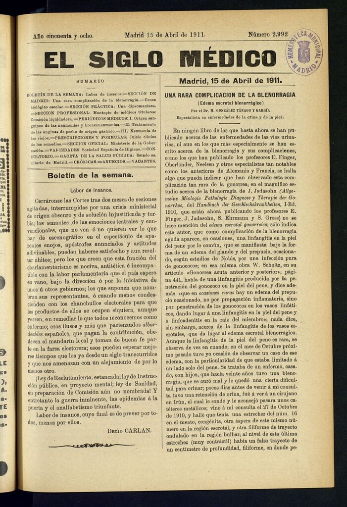 Miniatura de El Siglo Médico : boletín de medicina y gaceta médica del 15 de abril de 1911