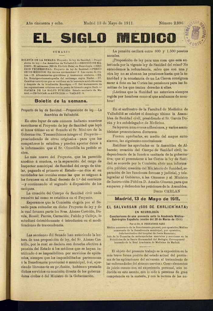 Miniatura de El Siglo Médico : boletín de medicina y gaceta médica del 13 de mayo de 1911