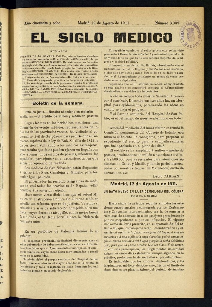 Miniatura de El Siglo Médico : boletín de medicina y gaceta médica del 12 de agosto de 1911