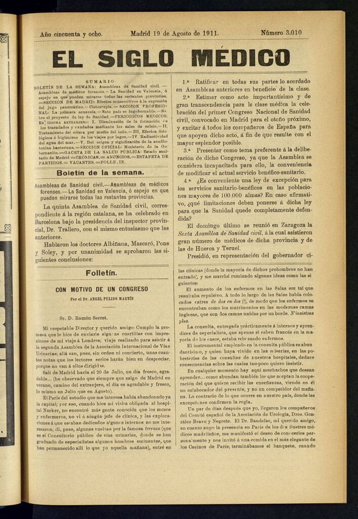 Miniatura de El Siglo Médico : boletín de medicina y gaceta médica del 19 de agosto de 1911