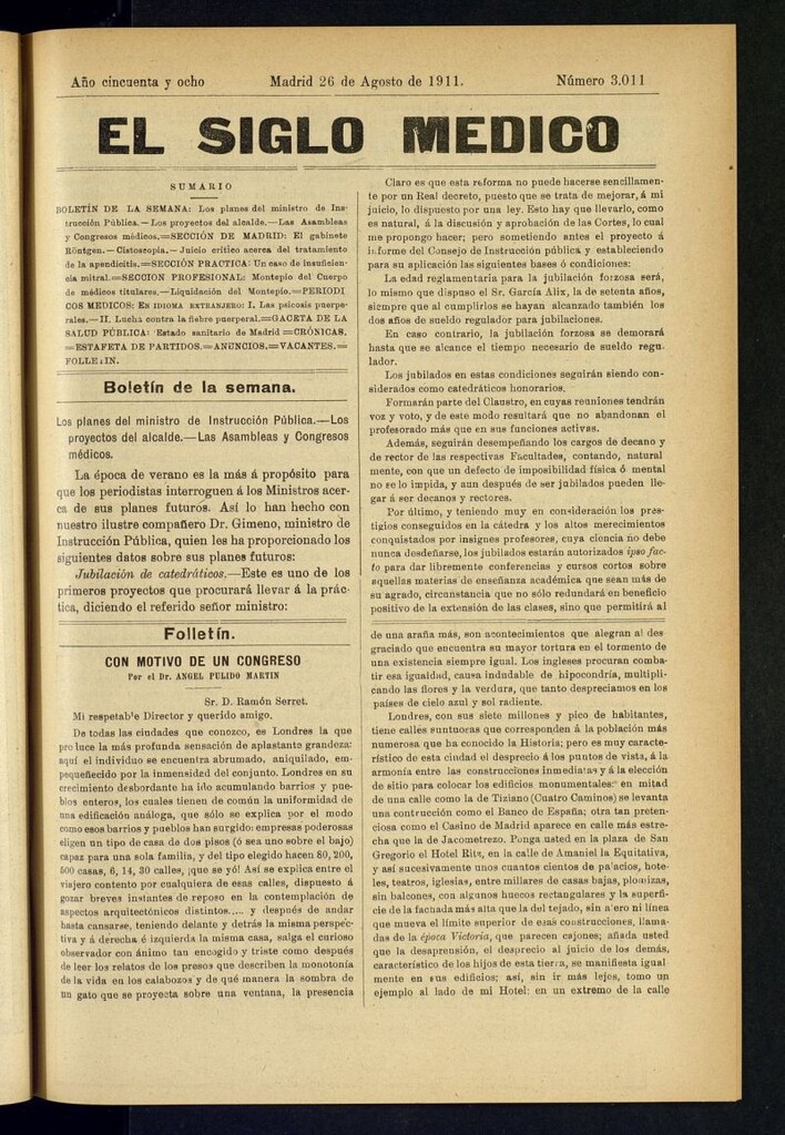 Miniatura de El Siglo Médico : boletín de medicina y gaceta médica del 26 de agosto de 1911