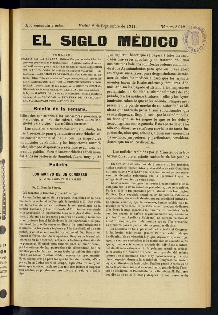 Miniatura de El Siglo Médico : boletín de medicina y gaceta médica del 2 de septiembre de 1911