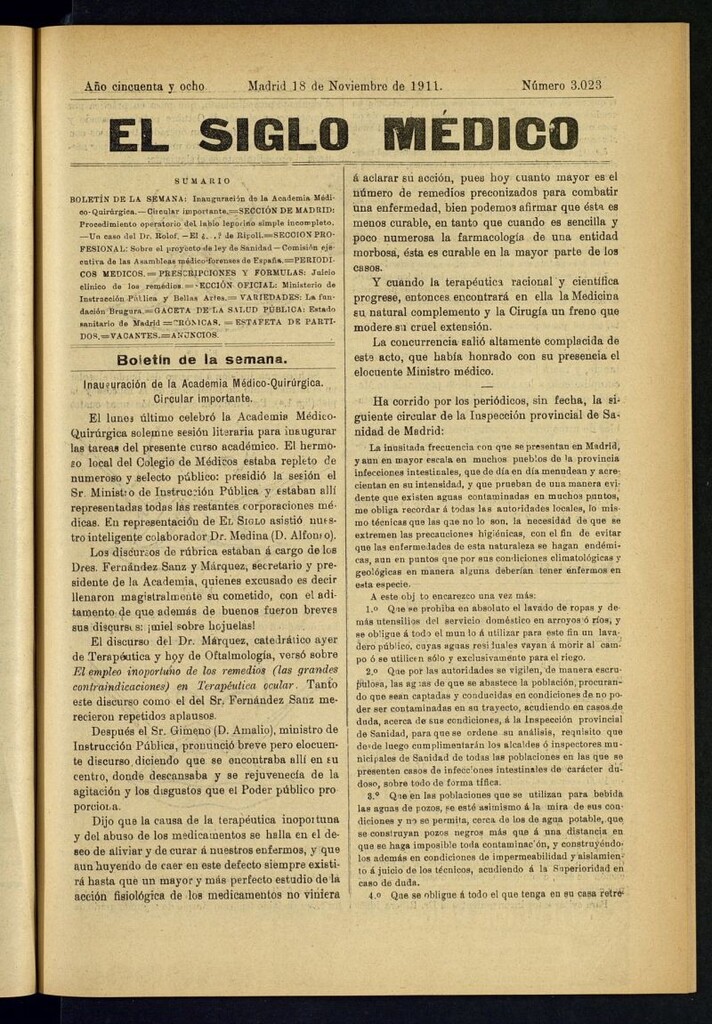 Miniatura de El Siglo Médico : boletín de medicina y gaceta médica del 18 de noviembre de 1911