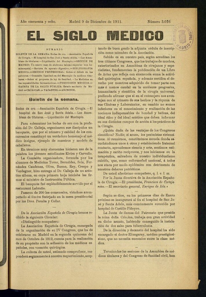 Miniatura de El Siglo Médico : boletín de medicina y gaceta médica del 9 de diciembre de 1911