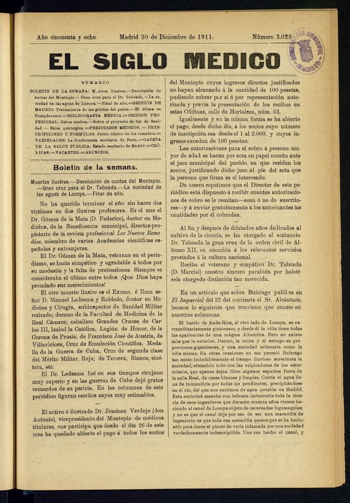 Miniatura de El Siglo Médico : boletín de medicina y gaceta médica del 30 de diciembre de 1911