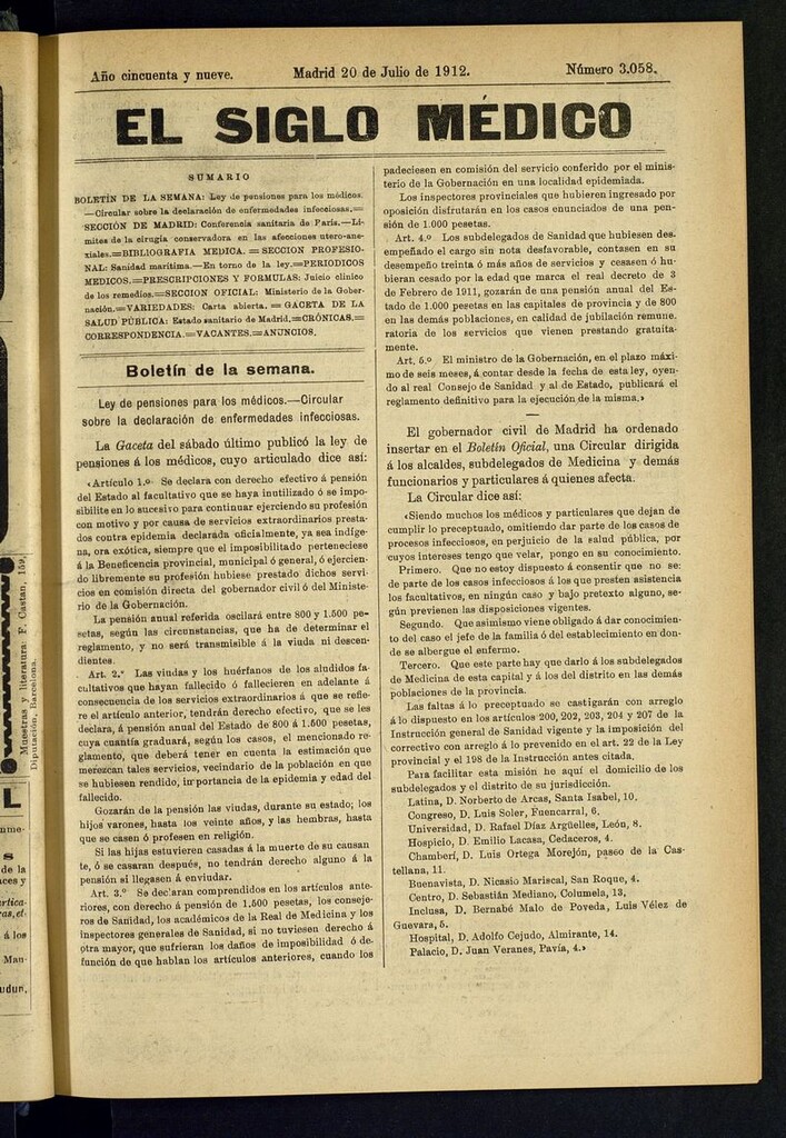 Miniatura de El Siglo Médico: boletín de medicina y gaceta médica del 20 de julio de 1912
