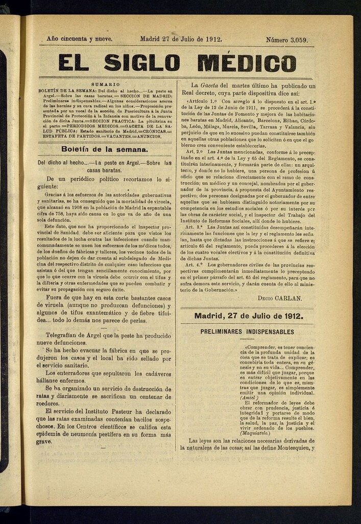 Miniatura de El Siglo Médico: boletín de medicina y gaceta médica del 27 de julio de 1912