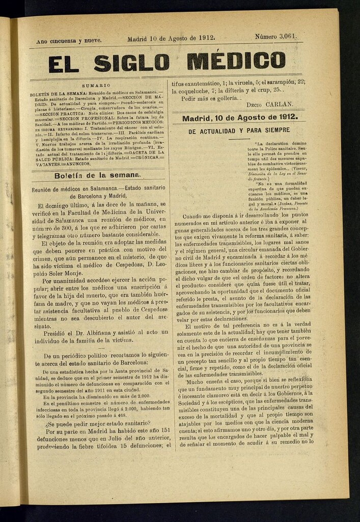 Miniatura de El Siglo Médico: boletín de medicina y gaceta médica del 10 de agosto de 1912