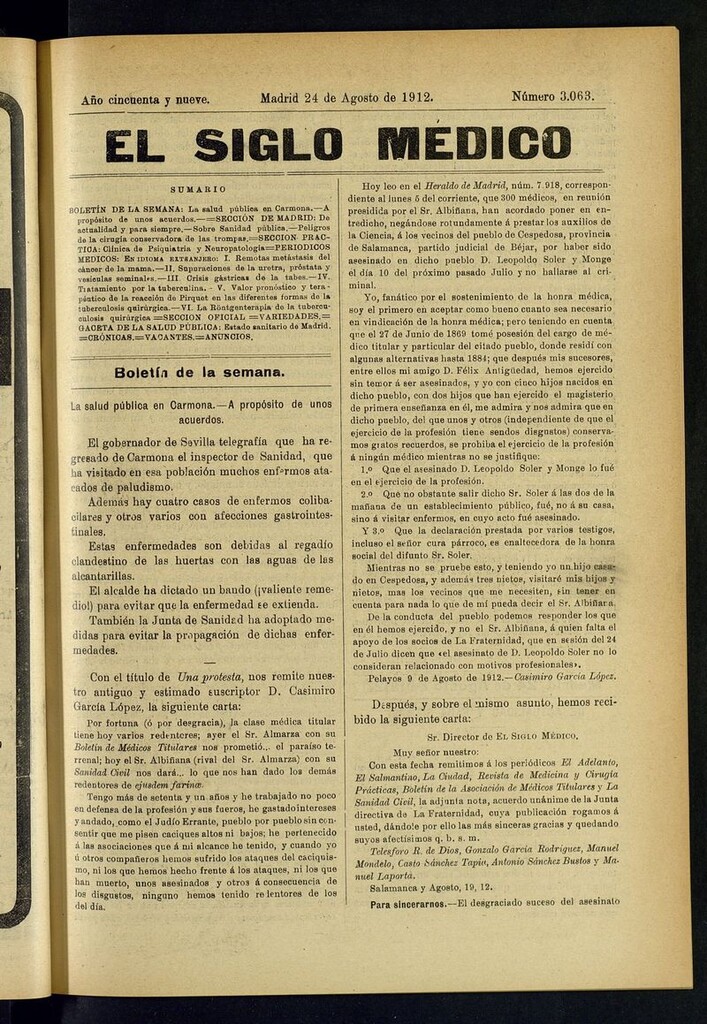 Miniatura de El Siglo Médico: boletín de medicina y gaceta médica del 24 de agosto de 1912