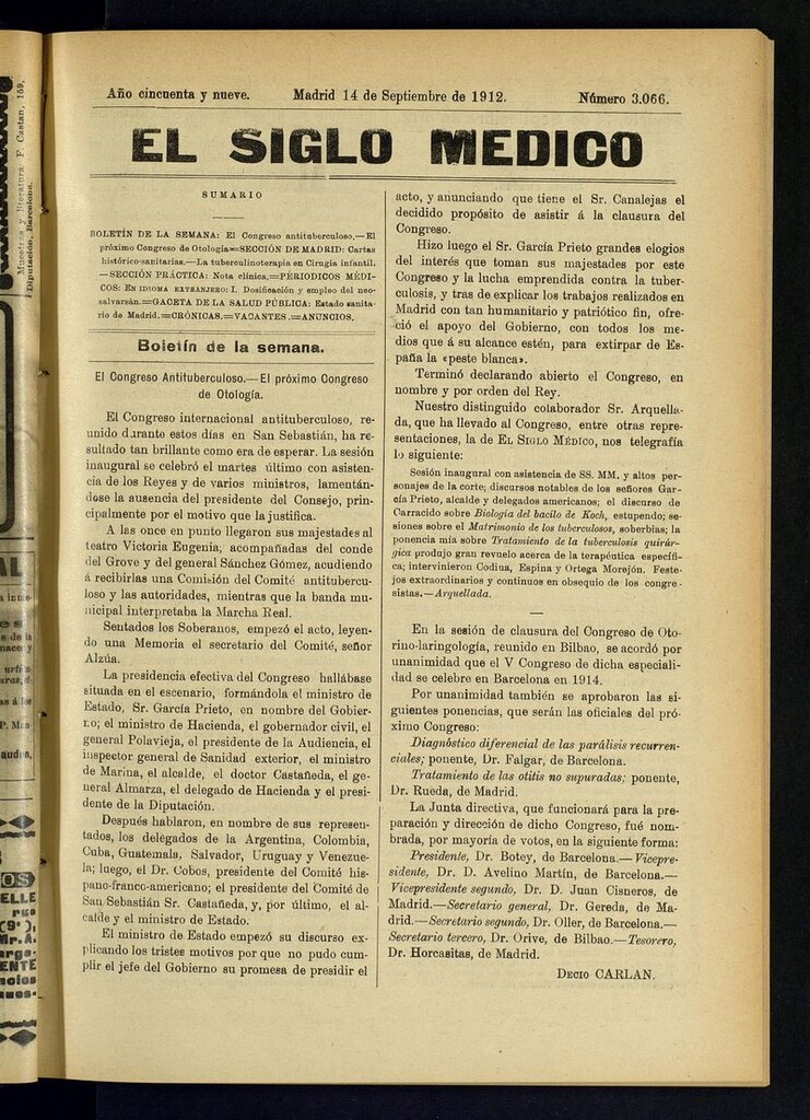 Miniatura de El Siglo Médico: boletín de medicina y gaceta médica del 14 de septiembre de 1912