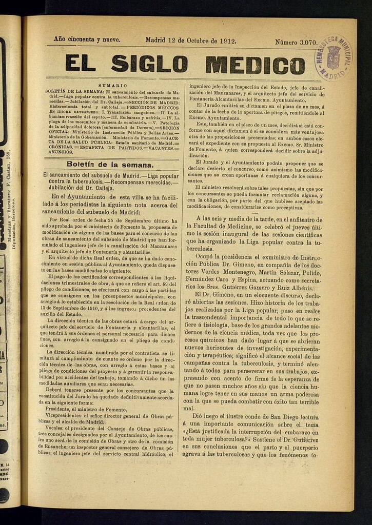 Miniatura de El Siglo Médico: boletín de medicina y gaceta médica del 12 de octubre de 1912