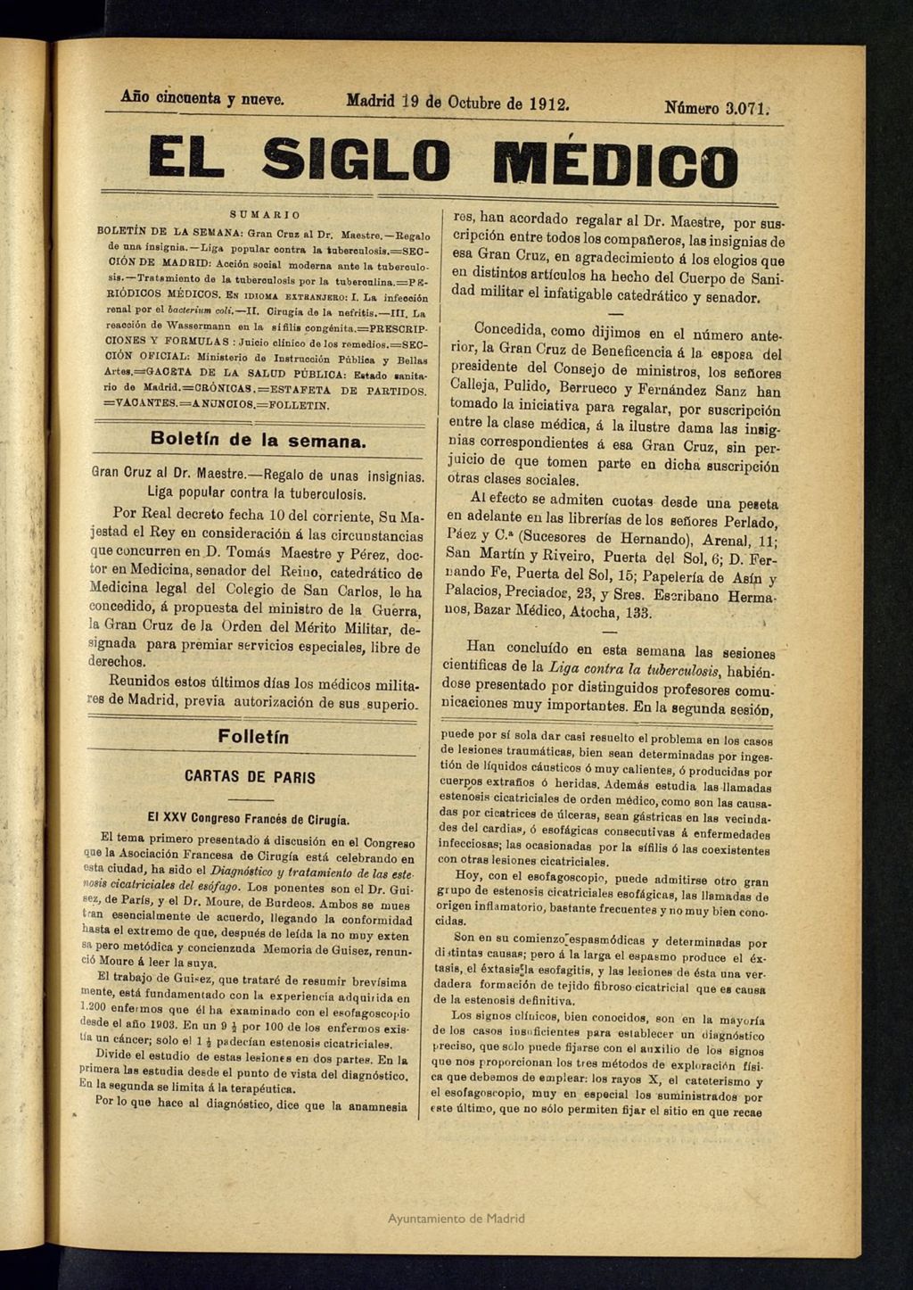 Miniatura de El Siglo Médico: boletín de medicina y gaceta médica del 19 de octubre de 1912