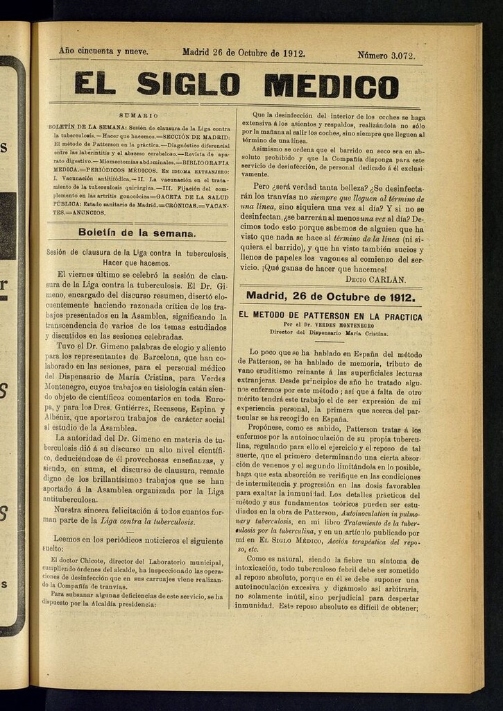 Miniatura de El Siglo Médico: boletín de medicina y gaceta médica del 26 de octubre de 1912