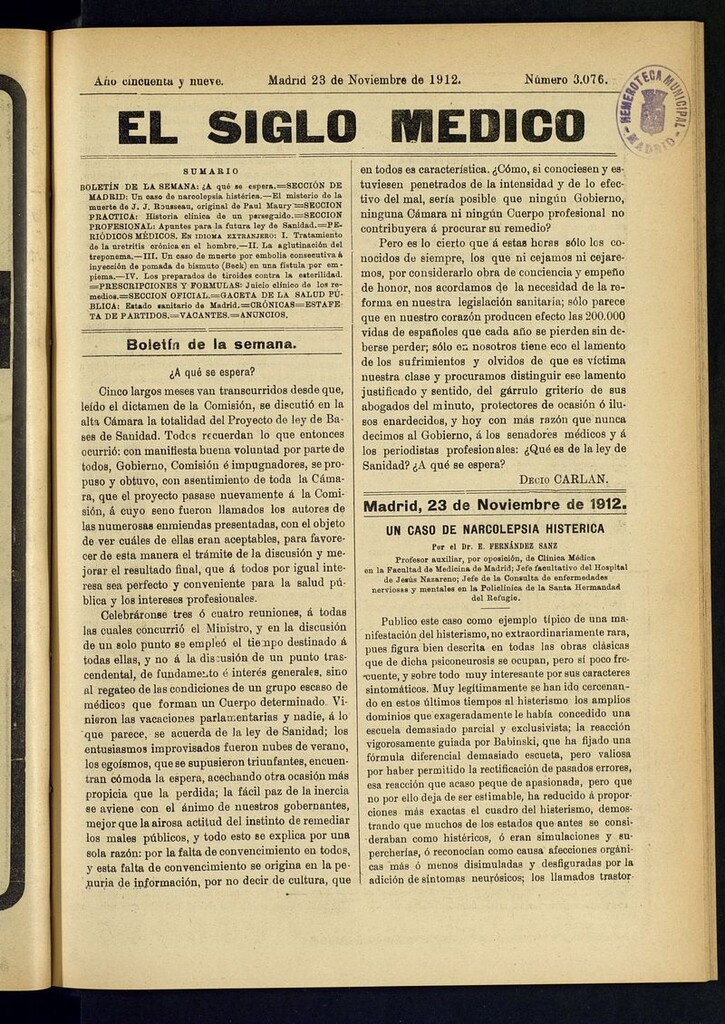 Miniatura de El Siglo Médico: boletín de medicina y gaceta médica del 23 de noviembre de 1912