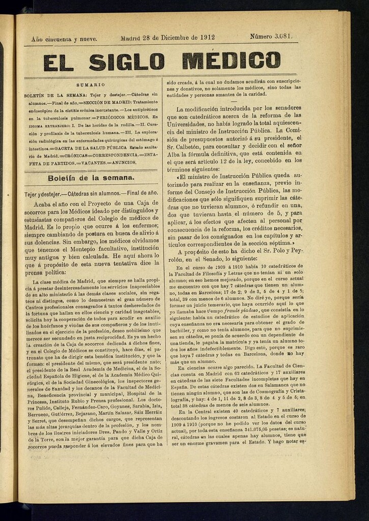 Miniatura de El Siglo Médico: boletín de medicina y gaceta médica del 28 de diciembre de 1912