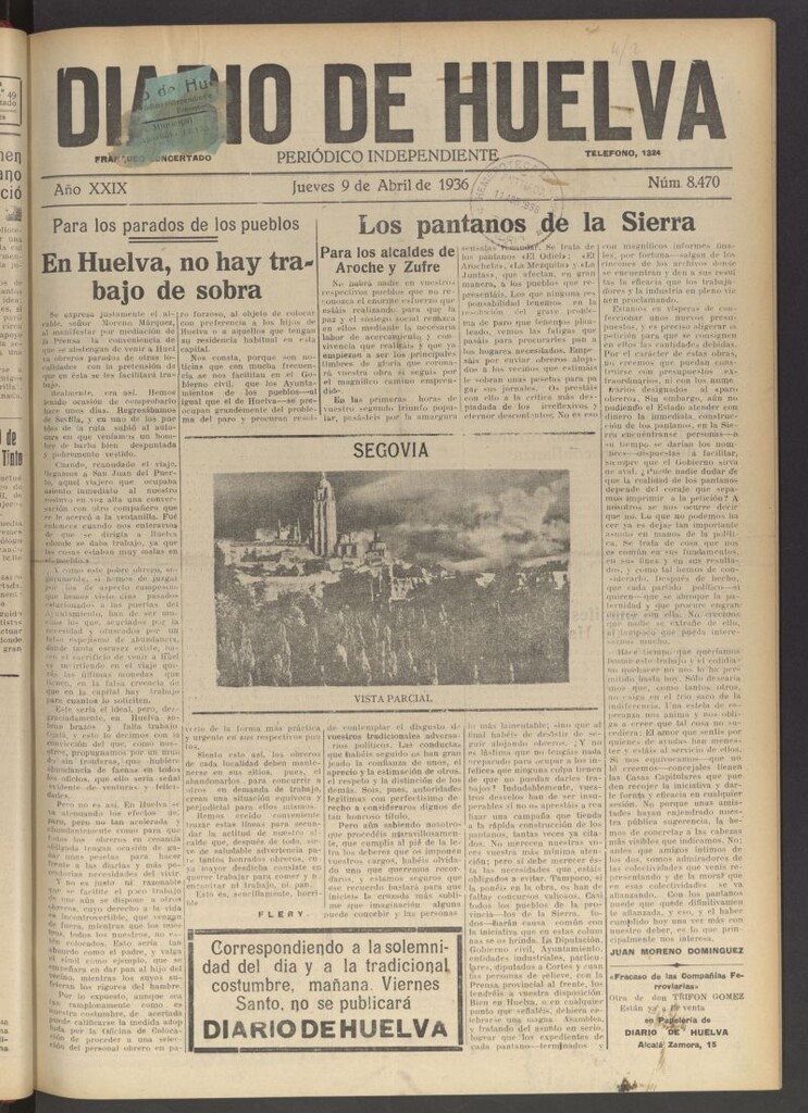 Miniatura de Diario de Huelva : periódico independiente del 9 de abril de 1936