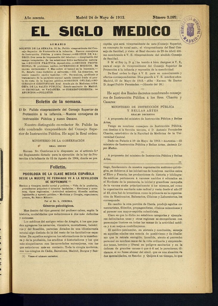 Miniatura de El Siglo Médico: boletín de medicina y gaceta médica del 24 de mayo de 1913