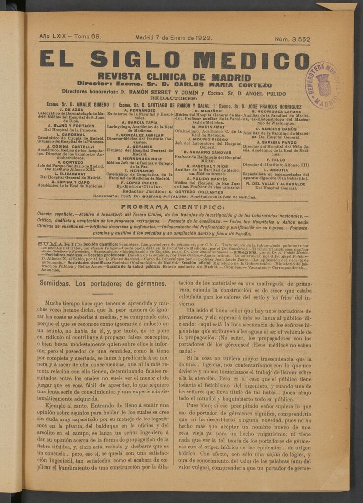 Miniatura de El Siglo Médico : boletín de medicina y gaceta médica del 7 de enero de 1922